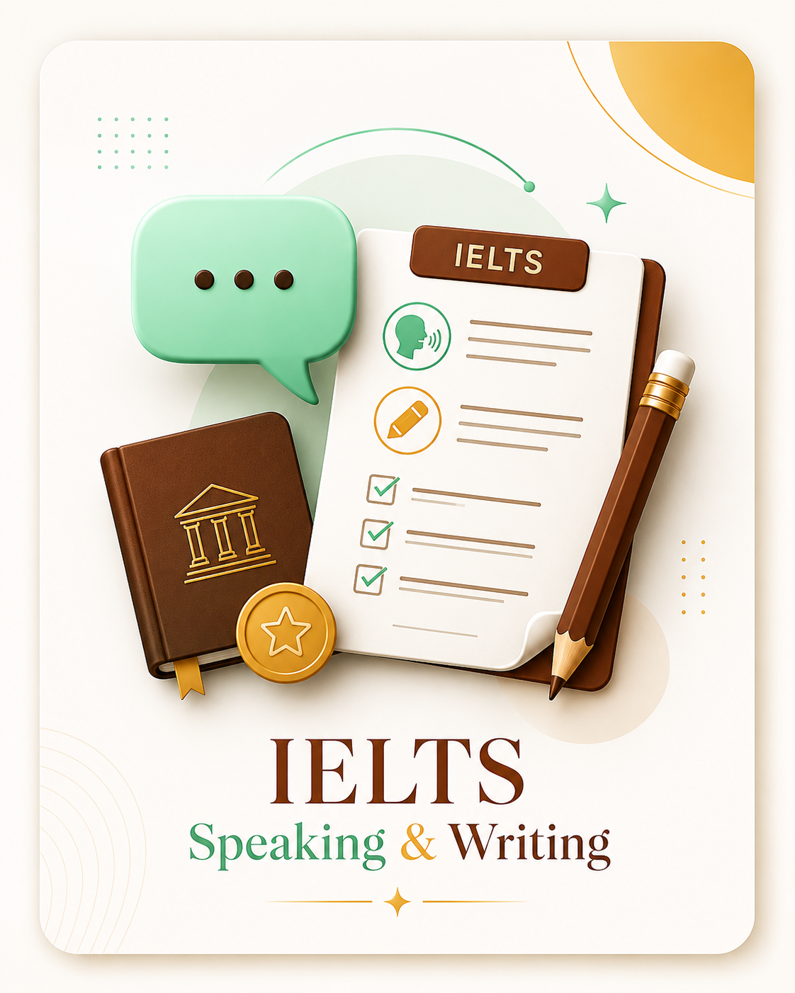 IELTS Speaking and Writing coaching card with exam paper, speech bubble, and pencil