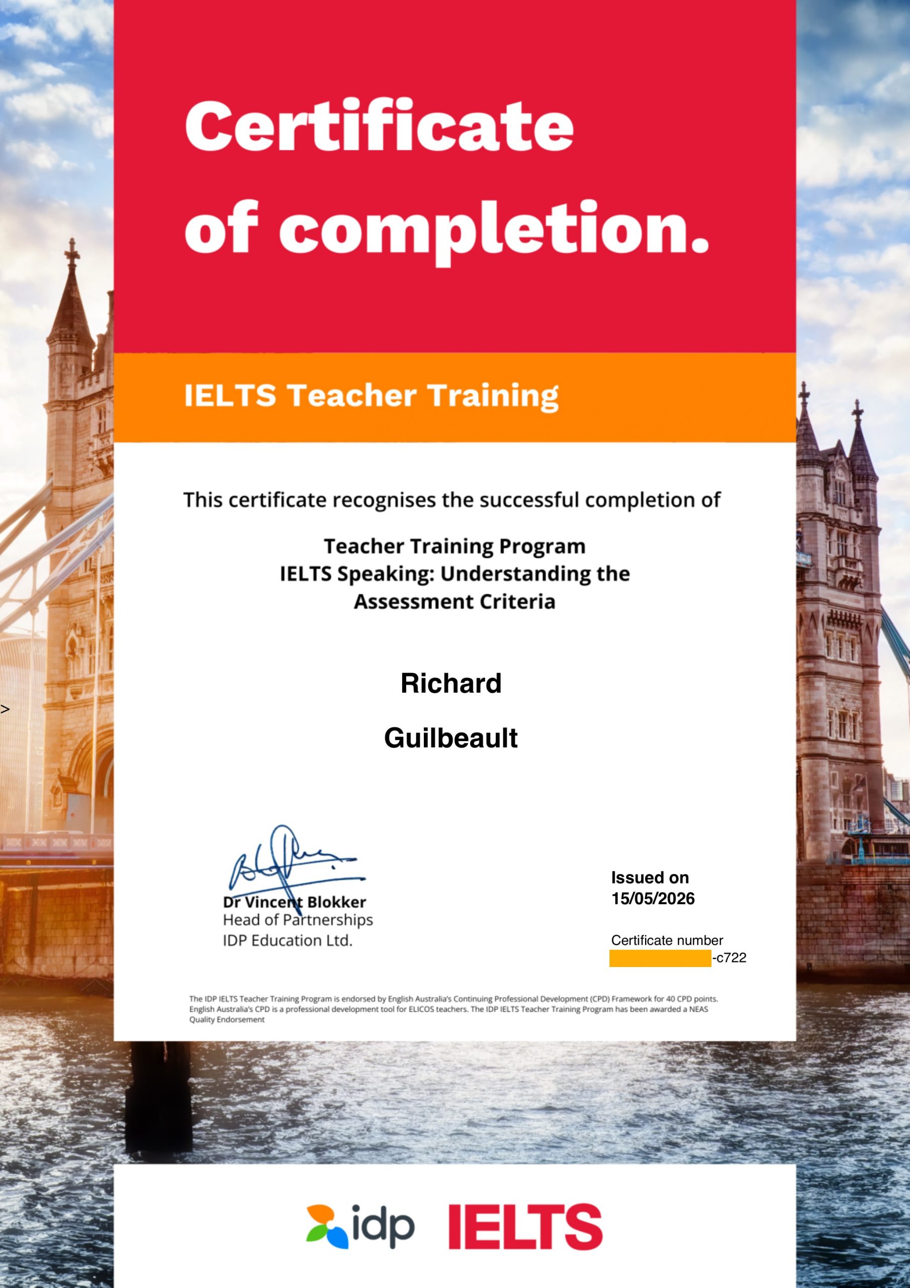Certificate of Completion for IDP IELTS Teacher Training in IELTS Speaking