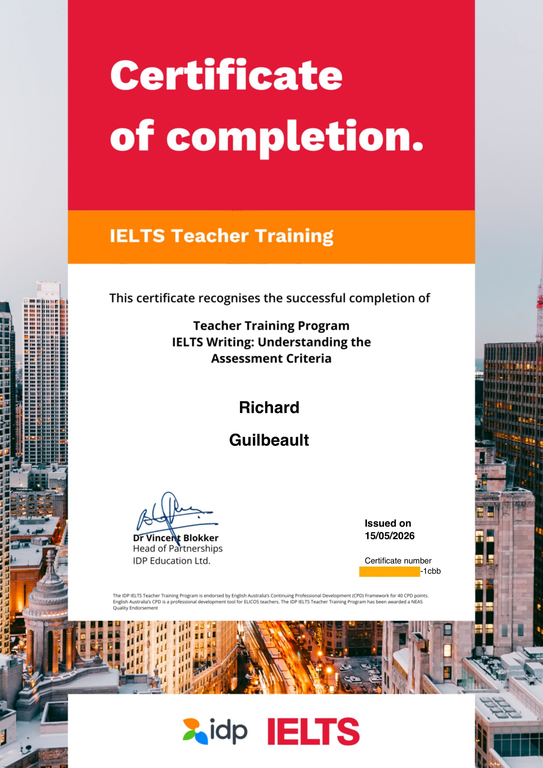Certificate of Completion for IDP IELTS Teacher Training in IELTS Writing