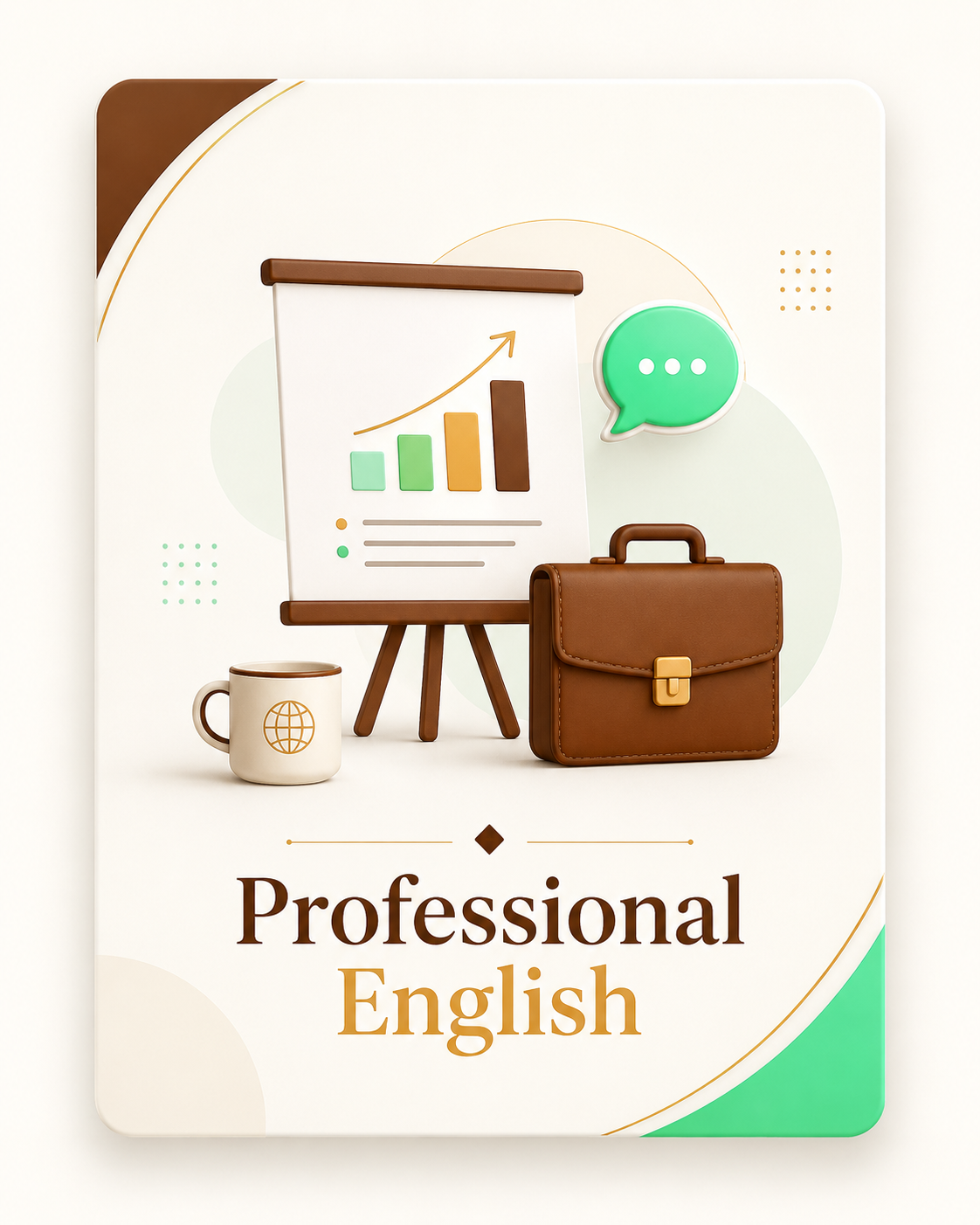 Professional English coaching card with presentation chart, speech bubble, and briefcase